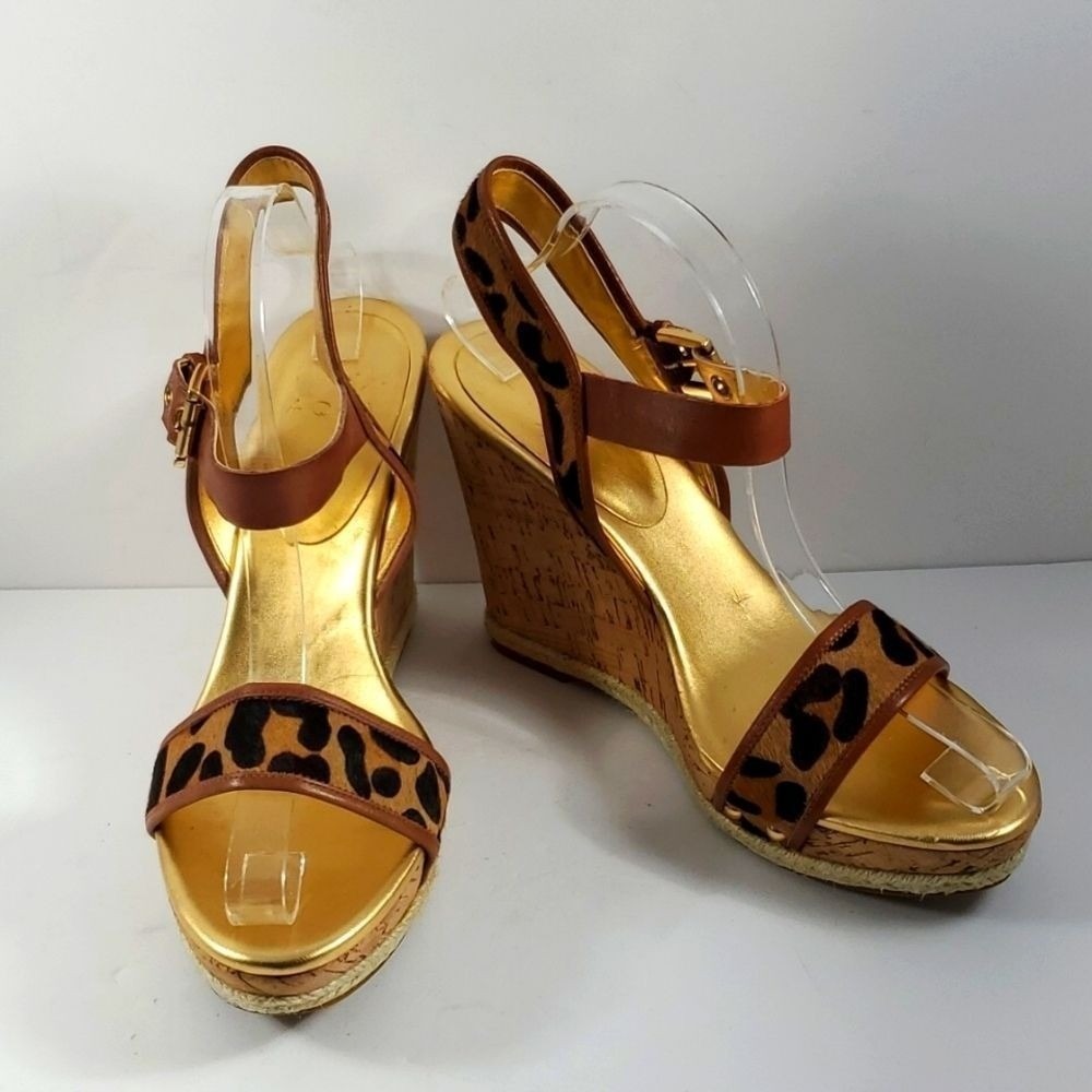 AQUA Women Leopard Print Calf Hair Cork Wedge‎ Sandals Gold Tan Brown Size 10M